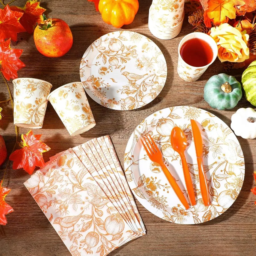 Juego de vajilla desechable de 400 Uds para suministros de fiesta de otoño con temática otoñal, que incluyen platos de papel, servilletas, tazas, cuchillos y cucharas f