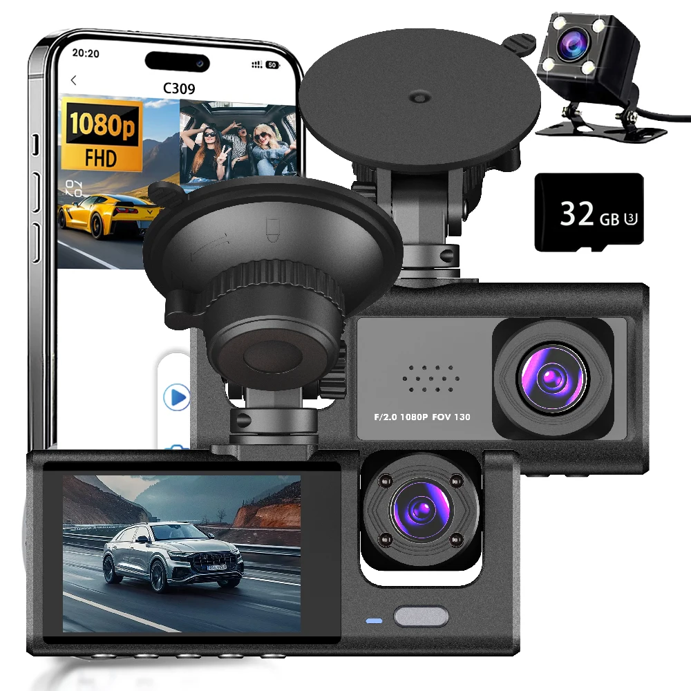 

WIFI 3-канальный автомобильный видеорегистратор HD 1080P 3-объектив внутри автомобиля Видеорегистратор Трехсторонняя камера Видеорегистратор Видеорегистратор Видеокамера