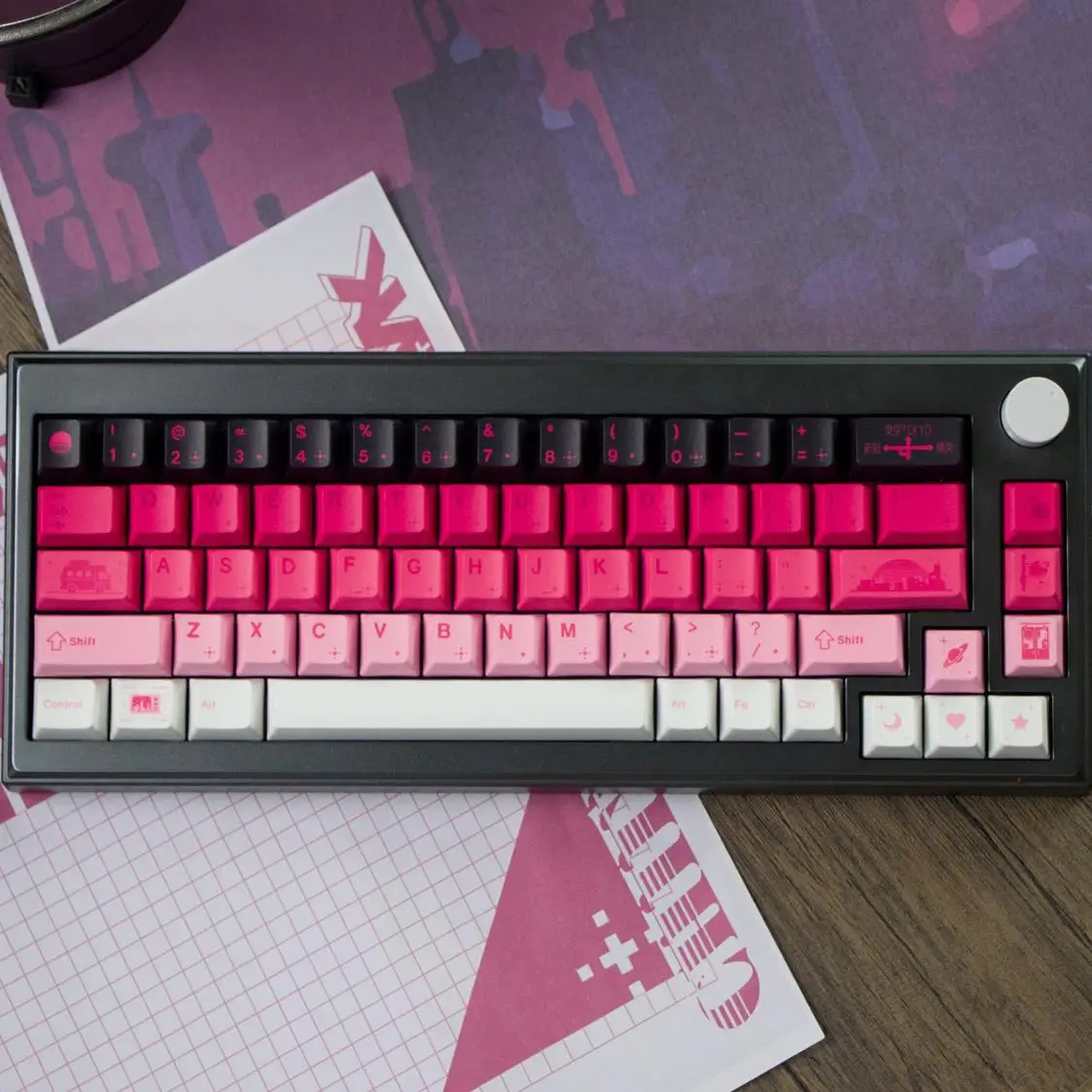 Chill City Theme Keycaps Set PBT Sublimation Gradient Pink Keyaps Cherry Profile Key Caps Mechanical Keyboard Accessories Gift