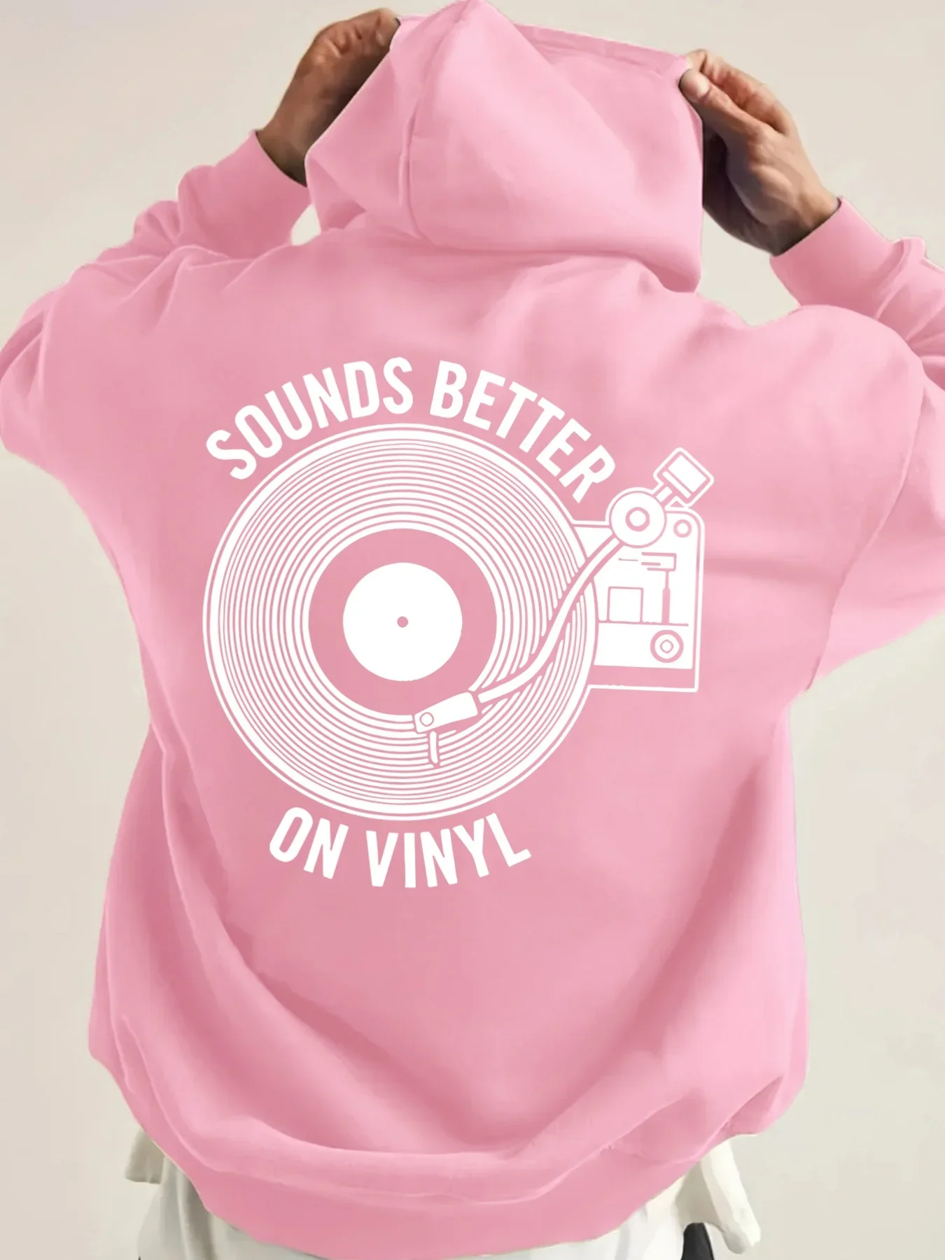 Men Oversized Hoodie Classic Vinyl Record Slogan Retro Turntable Line Drawing Back Graphic Hip Hop Sweatshirt