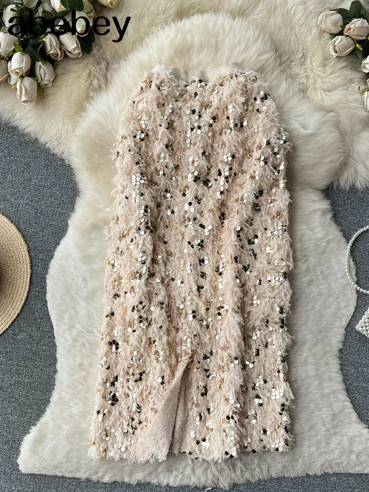 Skirts Women Autumn High Waist Midi Sequined Elegant Korean Fashion Back Slit A-line Loose Casual Simple All-match Faldas Largas