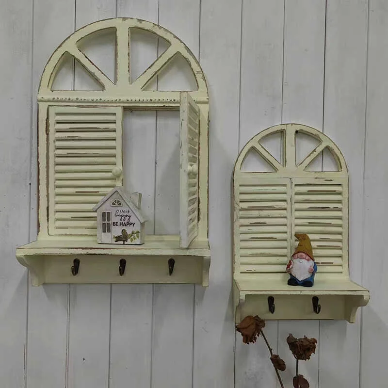 

Retro Weathered Wood Art Fake Window Frame Wall Decor round Arc Window for Living Room Restaurant Garden Courard Homestay W...