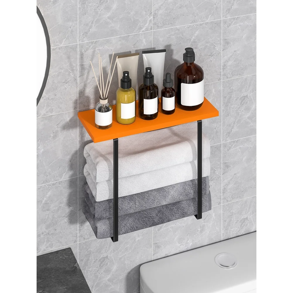 Two Layer Wall Mounted Towel Rack with Integrated Wood Shelf for Towel and Essential Storage Carbon Steel Rust Resistant