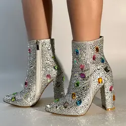 Onlymaker Women Rhinestones Ankle Boots Pointed Toe  Zipper  Luxury Bling  Party Dress Big Size Lady Booties