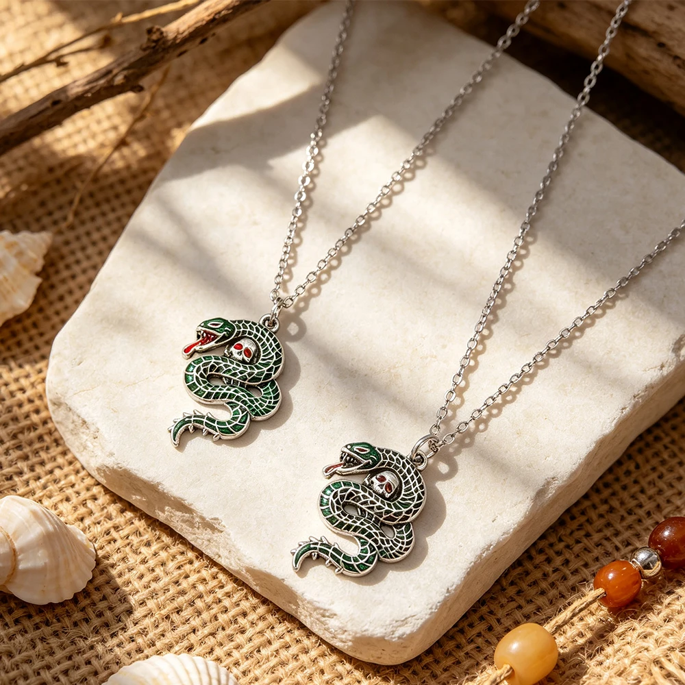 Vintage Gothic Snake Skull Pendant Necklace with Thin Chain, Green Enamel Coiled Serpent Dark Punk Style Unisex Personality Choker