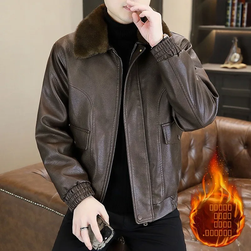 Chaqueta de Motociclista para Hombre, de Lujo, Ligera, de Cuero Sintético, Abrigada para Invierno, Estilo Retro, con Cuello de Piel Teñida con Cera, Cierre de Cremallera...