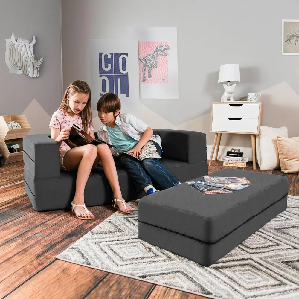 Zipline Kids Sofa & Large Ottoman 3 in 1 Fold Out Sofa, Big Kids Edition