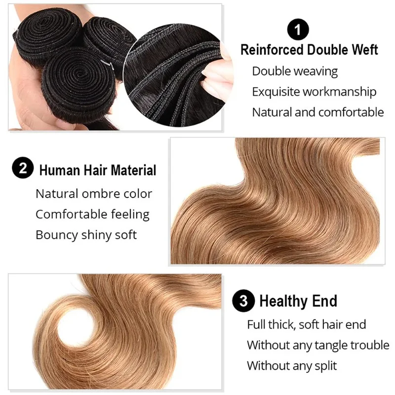 Body Wave Human Hair Bundles 12-26 Inches Ombre Blonde Brazilian  Virgin 100% Human Hair Extensions Weave Bundles 1B/27 1PC/100G