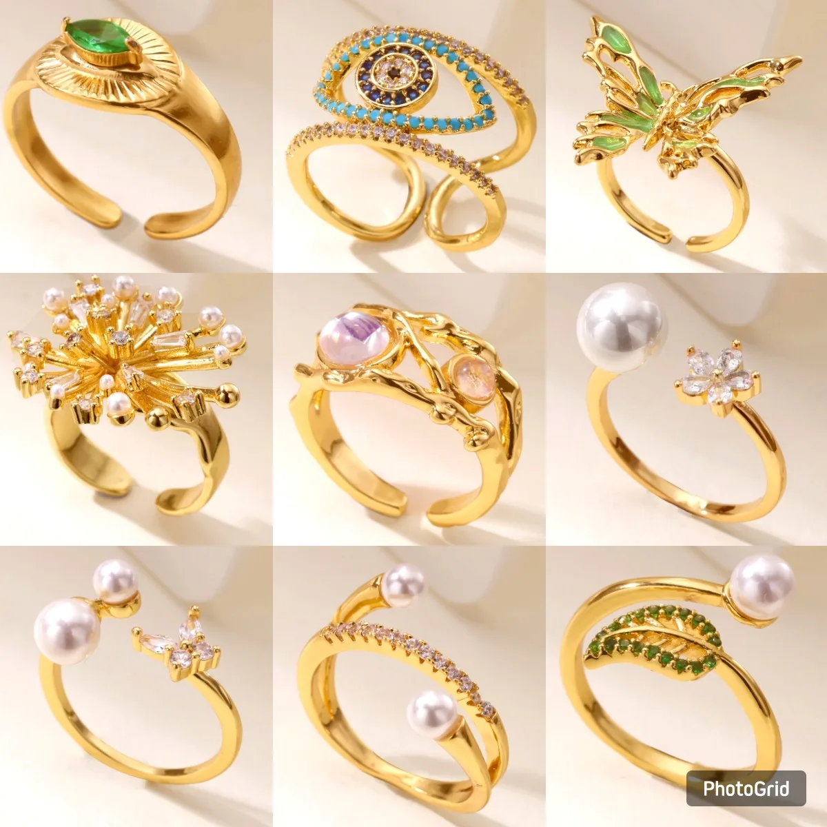 

Vintage Stainless Steel Pearl Zircon Geometry Ring for Women Gold Plated Opening Finger Ring Exquisite Wedding Party Jewelry