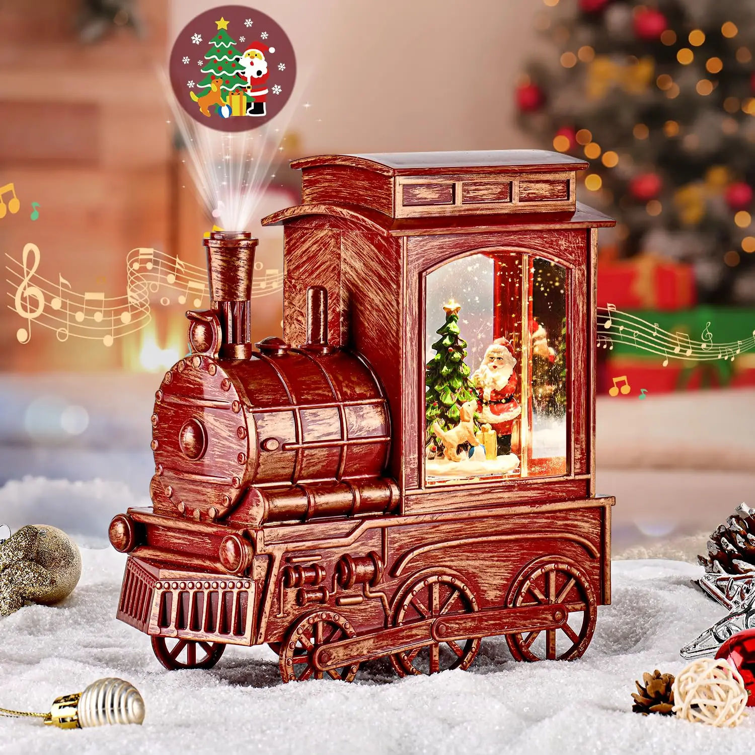 Christmas Vintage Train with Santa Cute Dog Projection Lighted Snow Globe Santa Musical Lighted Lantern for Newyear Decor