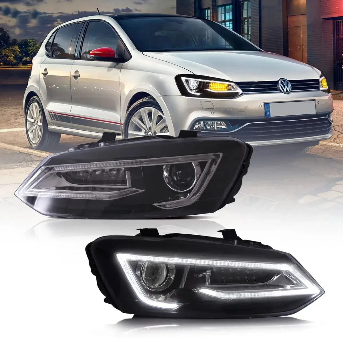 Für VW Polo MK5 6R 6C 2009-2017 Dual-Beam-Projektor LED-Scheinwerfer mit Demon Eyes DRL und sequenziellem Blinker – Frontscheinwerfer-Baugruppe Plug & Play – LHD