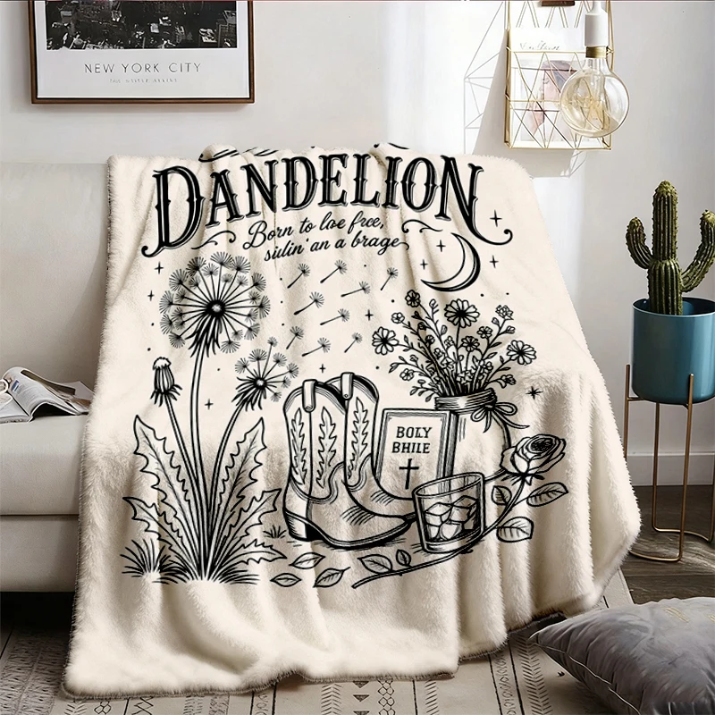 Dandelion Cozy Blanket, Vintage Wildflower Warm Blanket, Indie Folk Style, Cowgirl Boots Gift, Country Aesthetic