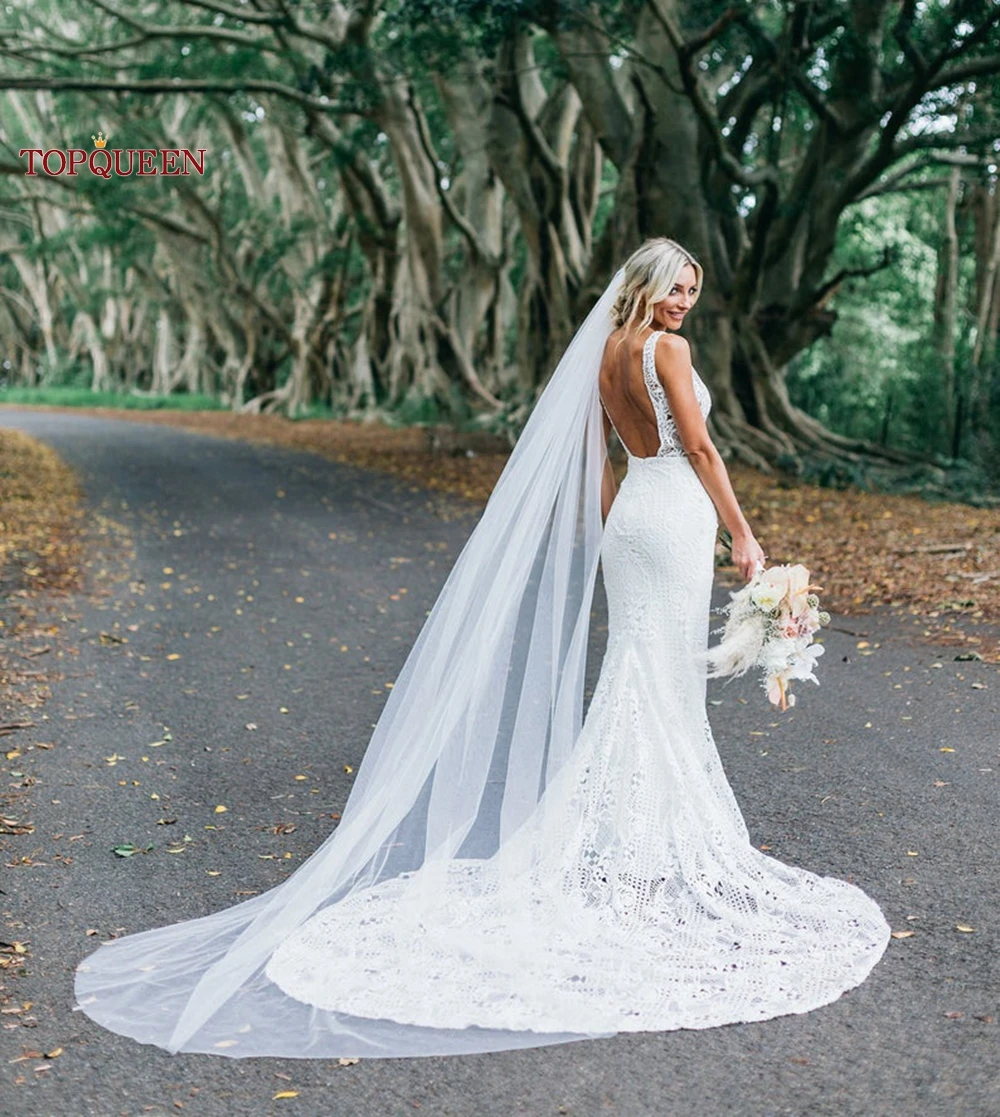 TOPQUEEN V30 Soft Single Tier Bridal Veil with Cut Edge Real Photos Long 3M Cathedral Wedding Veil Sheer Italian Tulle Veil