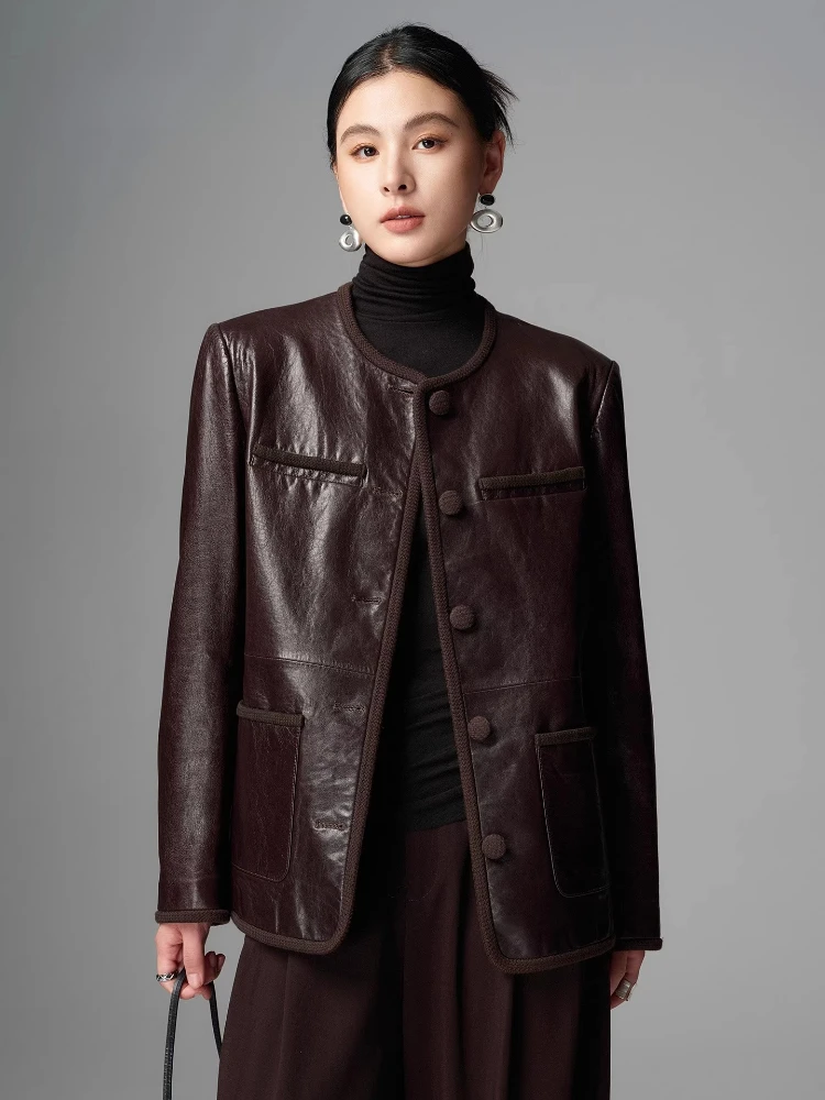 

Classic O-neck Genuine Leather Jackets for Women Spring Autumn 2026 New High-end Simple Soft Oil Wax Real Sheepskin Coat