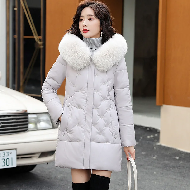 Sheepskin ผู้หญิงกลางลง Coat ฤดูใบไม้ร่วงฤดูหนาวแฟชั่น Fox Fur Collar เย็บปักถักร้อยหนา Slim แกะหนังลงเสื้อ