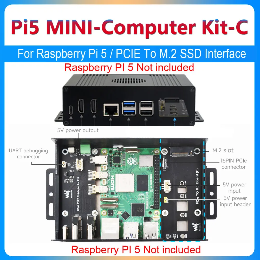 

Raspberry Pi 5 Box Case Ki-C PCIe to M.2 interface NVMe SSD Expansion board All Ports To Pi's USB Side TYPE-C HDMI