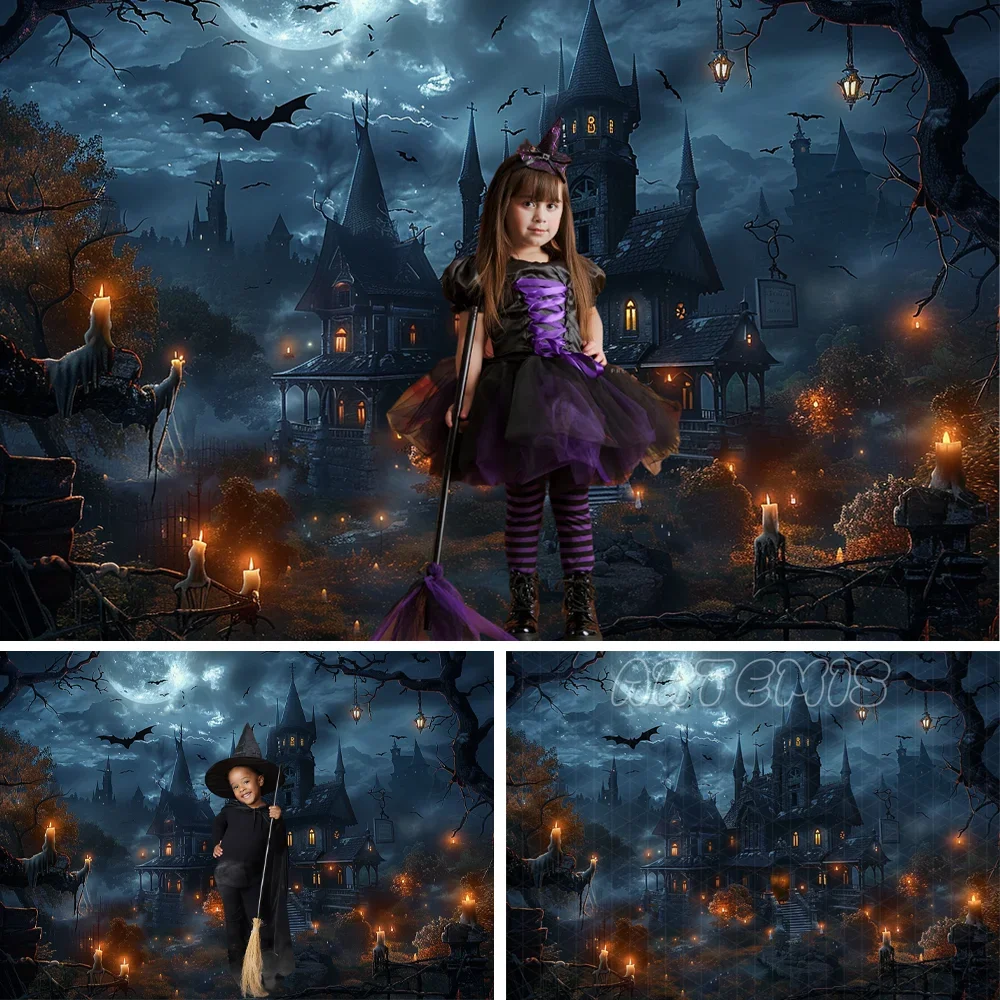 

Halloween Moon Photography Haunted House Surrounded By Spooky Trees Candles Bats Fly Backdrop Background Photo Studio Photo-call