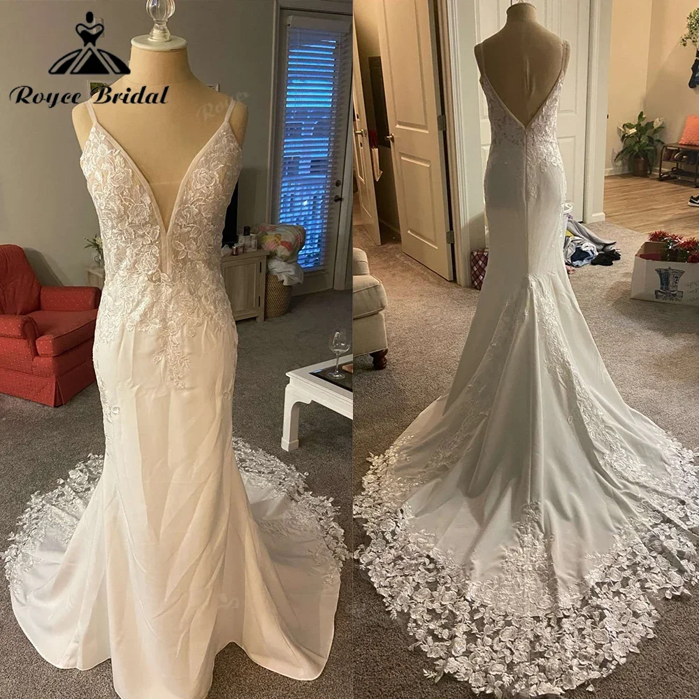Roycebridal Boho Mermaid Wedding Dresses V-Neck Appliques Lace Elegant Wedding Gown Spaghetti Strap Sexy Country Bridal Dress