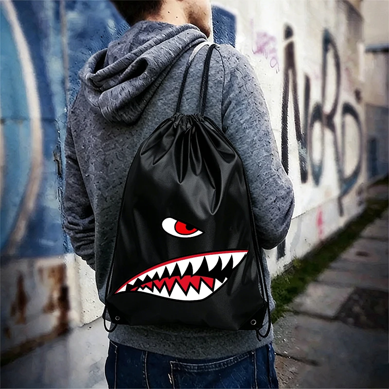Shark Mouth Design Shoe Bag Drawstring Bags Cartoon Printed Sports Storage Bags Large Capacity Waterproof Backpack Birthday Gift