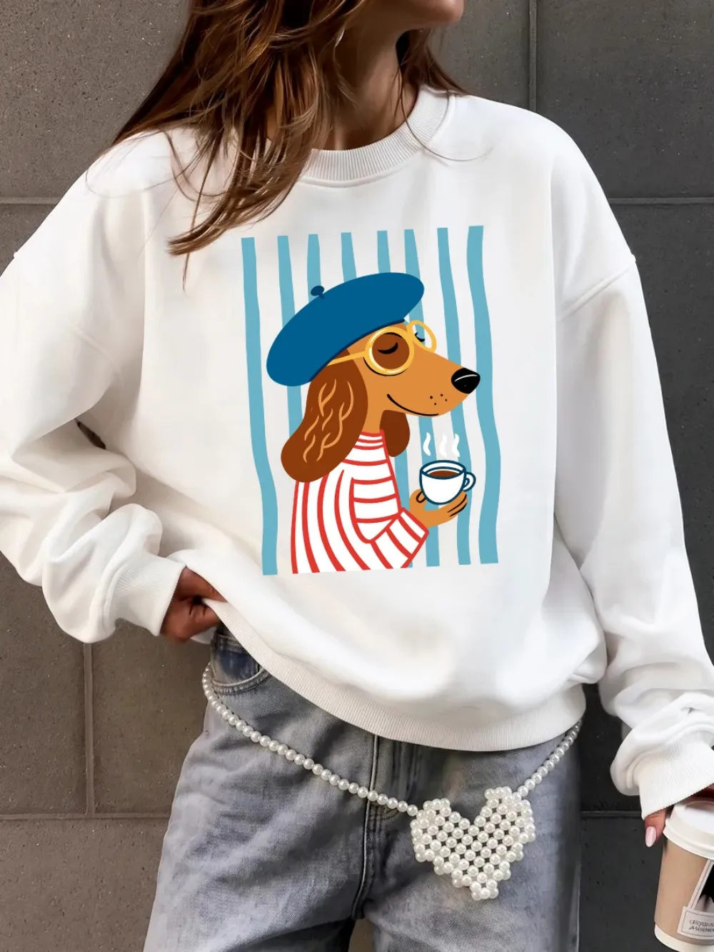 Sweatshirt mit französischer Dackel-Illustration, für Damen, lockerer, sportlicher Kapuzenpullover, Fleece, warm, Rundhalsausschnitt, Herbst, weiche Damenkleidung – Detail 11