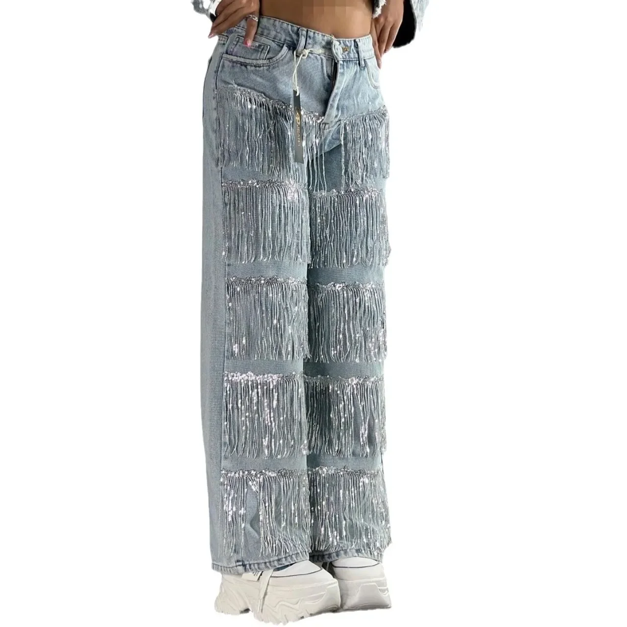 Explosive Sequin Tassel Design Straight Jeans Women's European, American Fashion Street Shoot