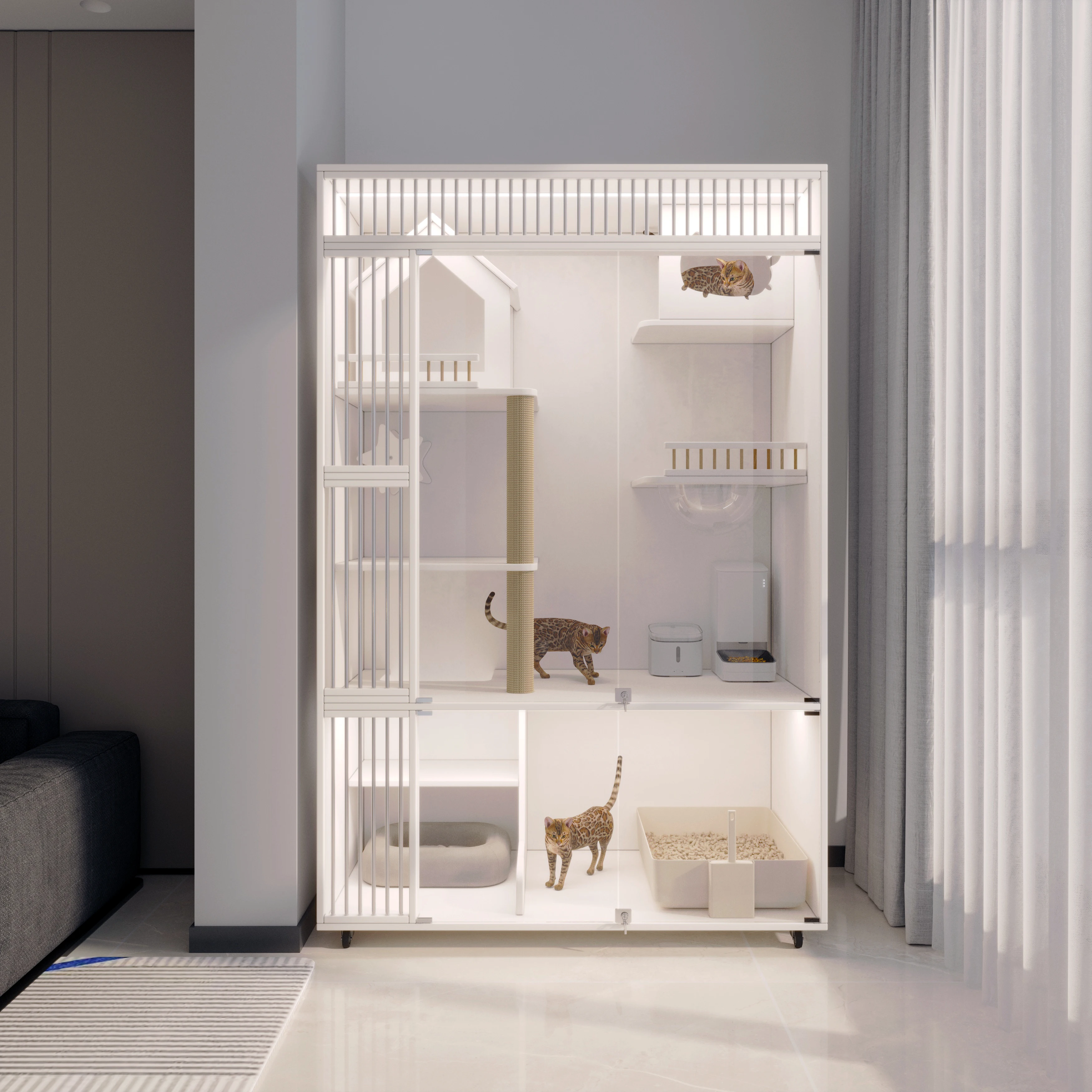 

Luxury Multi Level Indoor Cat Villa with Cat Door & Feeding Area Elegant White Gold Wooden Cat Cage for Modern Homes
