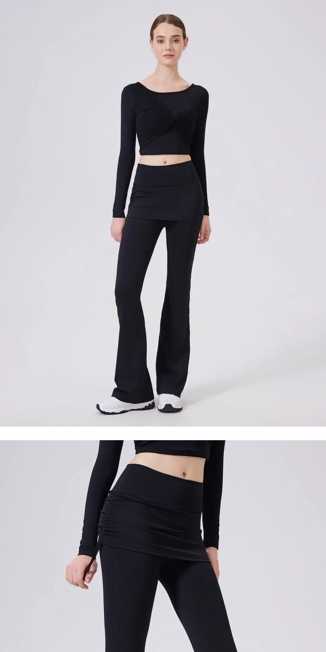 Täuschend echte, hochtaillierte, leicht ausgestellte Hose mit hüftbedeckendem Rock für Damen zum Laufen, Tanztraining, Pilates-Sport. – Detail 9