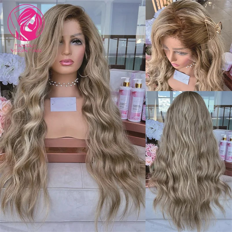 

Highlights Creamy Blonde Full Lace Wigs Ash Blonde Roots Ombre Human Hair Wig Free Style Natural Wave Preplucked Hairline 200%