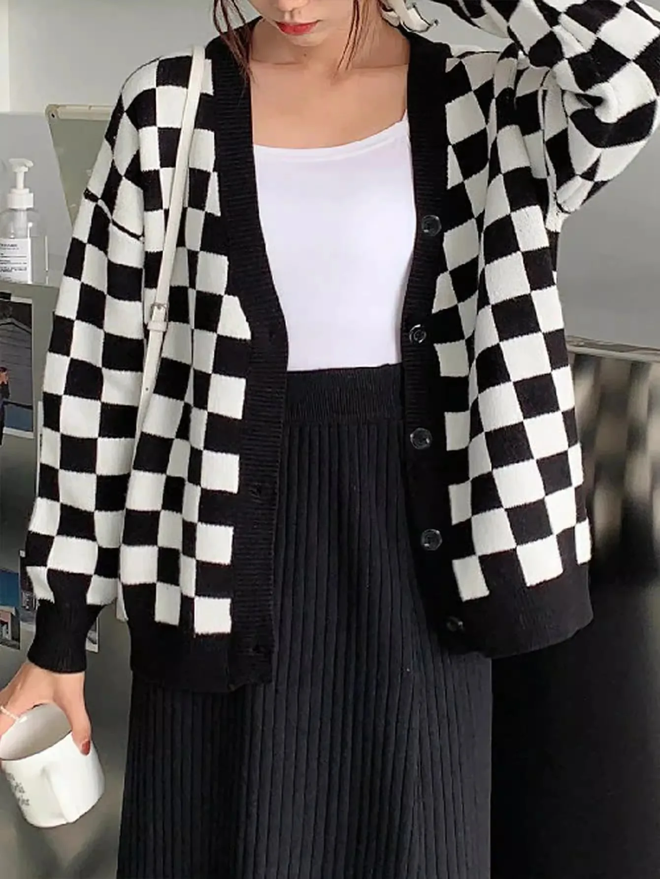 Korean Chic Plaid Cardigan Manually for Women, Lazy Style, Loose, Large Version, Checkerboard Credit