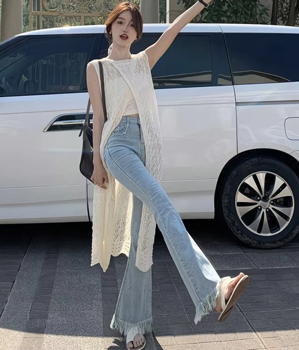 Boho Crochet Sleeveless Long Cardigan Women Summer Openwork Knit Vest Loose Maxi Kimono Cover Up Beachwear