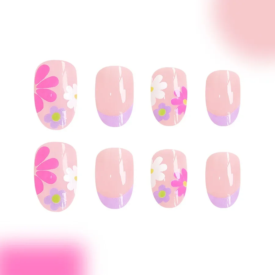 24 piezas de uñas de presión cortas en forma de almendra, punta francesa rosa floral, brillantes y elegantes, uñas postizas de cobertura completa para mujeres y niñas, primavera, uso diario 4