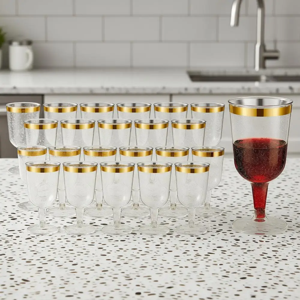 100 Stück Plastik-Weingläser 7 oz mit Goldrand Mini-Stielgläser für Hochzeiten Partys Geburtstage Jubiläen Champagner-Anstoßen