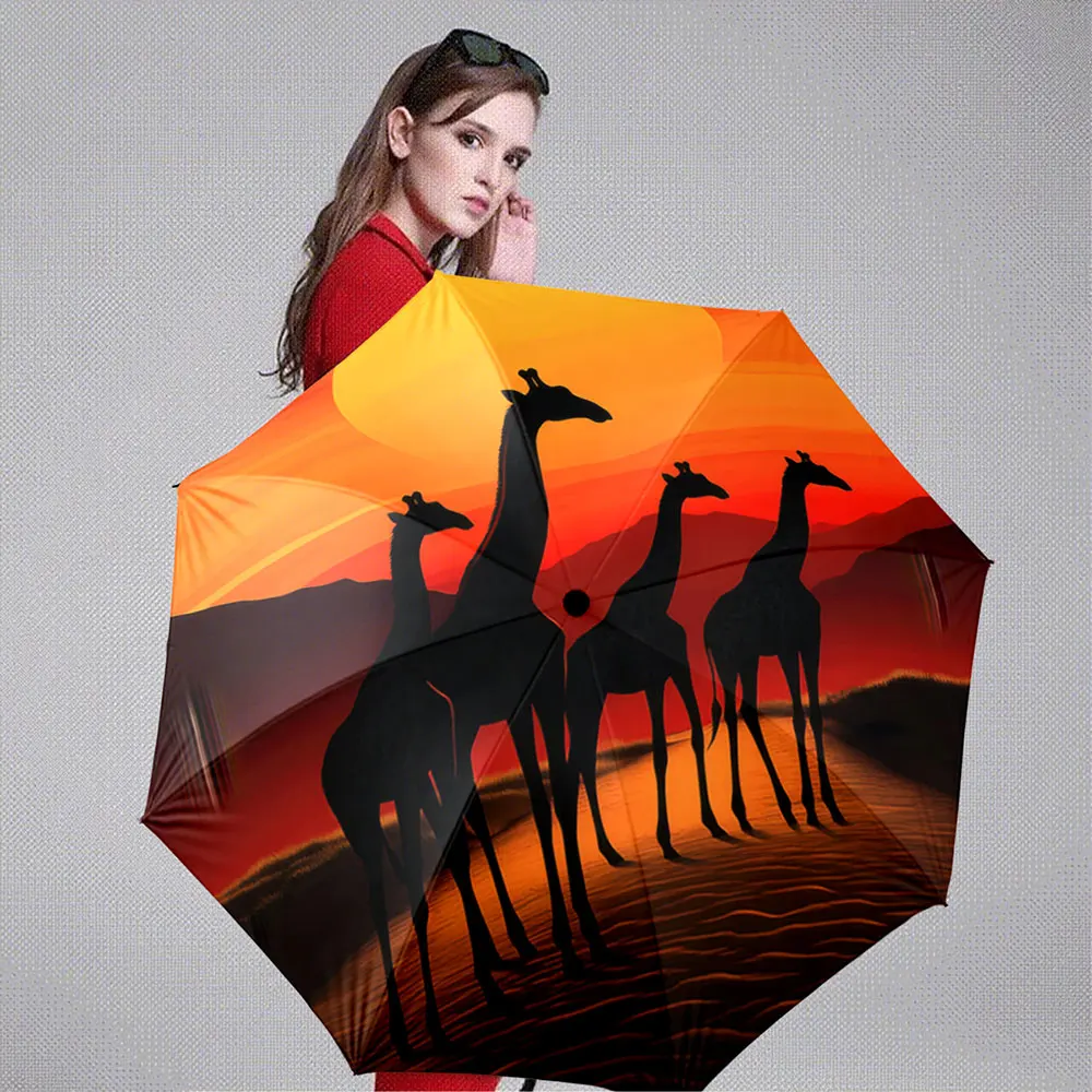 Silhouette Giraffes at Sunset African Wildlife Scene portable waterproof sun rain umbrella for outdoor travel beach