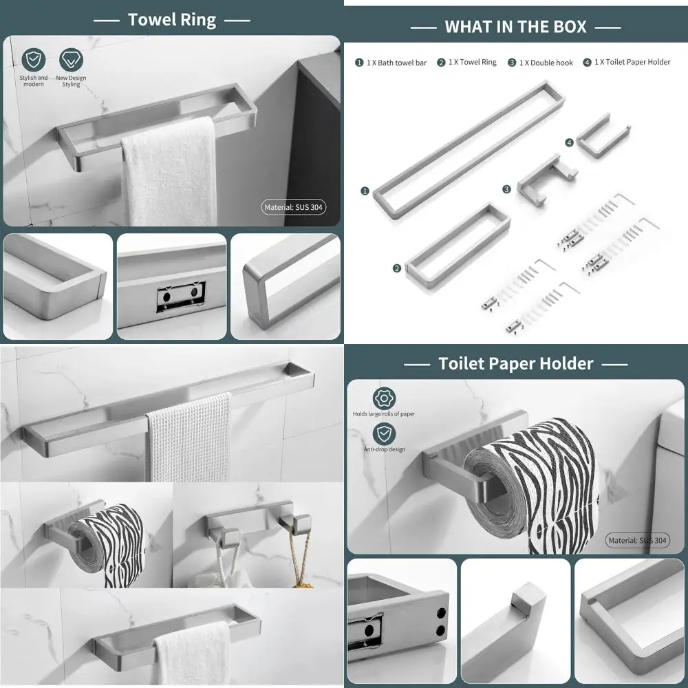 

4-Piece Brushed Nickel Bathroom Hardware Set - Premium Stainless Steel Towel Bar and Racks Wall Mounted