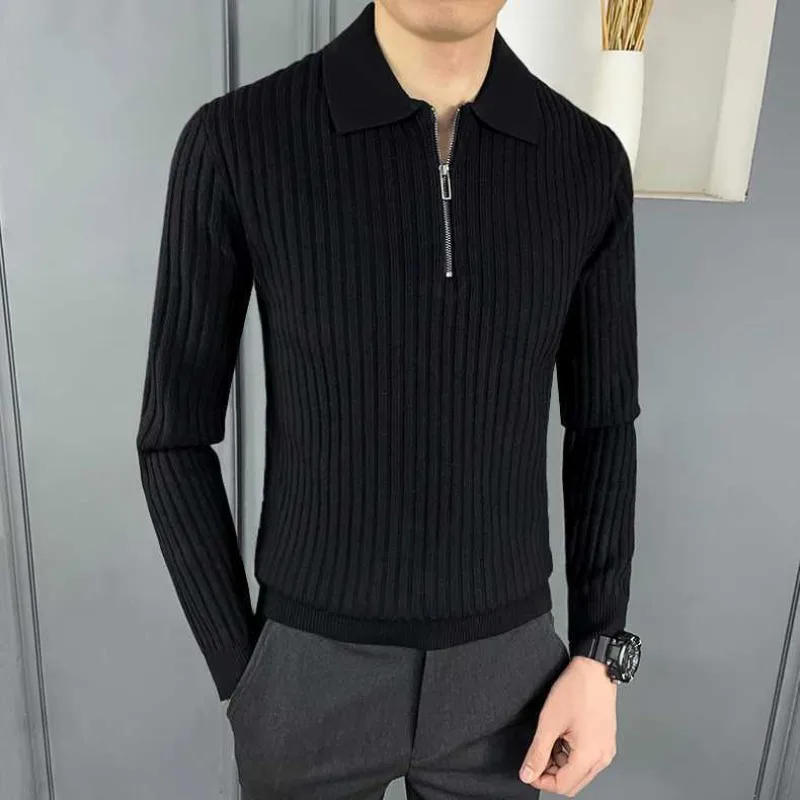 Men's Autumn Winter Fashion Casual Solid Color Pullover POLO Neck Half Zip Versatile Long Sleeve Slim Fit Sweater Knitted Tops