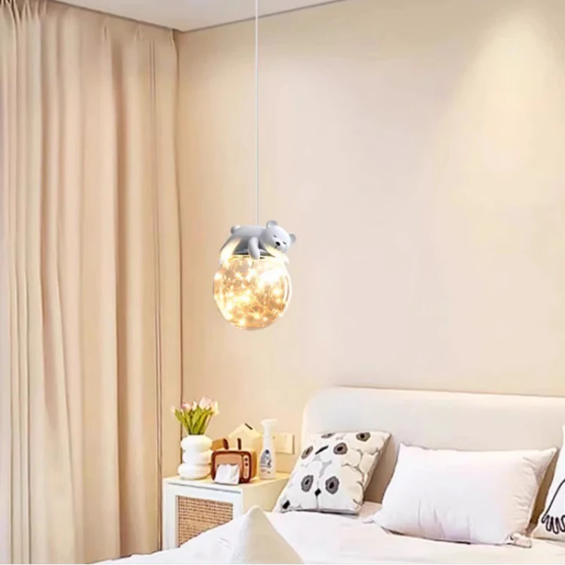 Lampadario a sospensione a LED per camera dei bambini lampada a sospensione a forma di coniglietto orso bianco decorazione per camera da letto per interni lampada a sospensione lampada da comodino in vetro