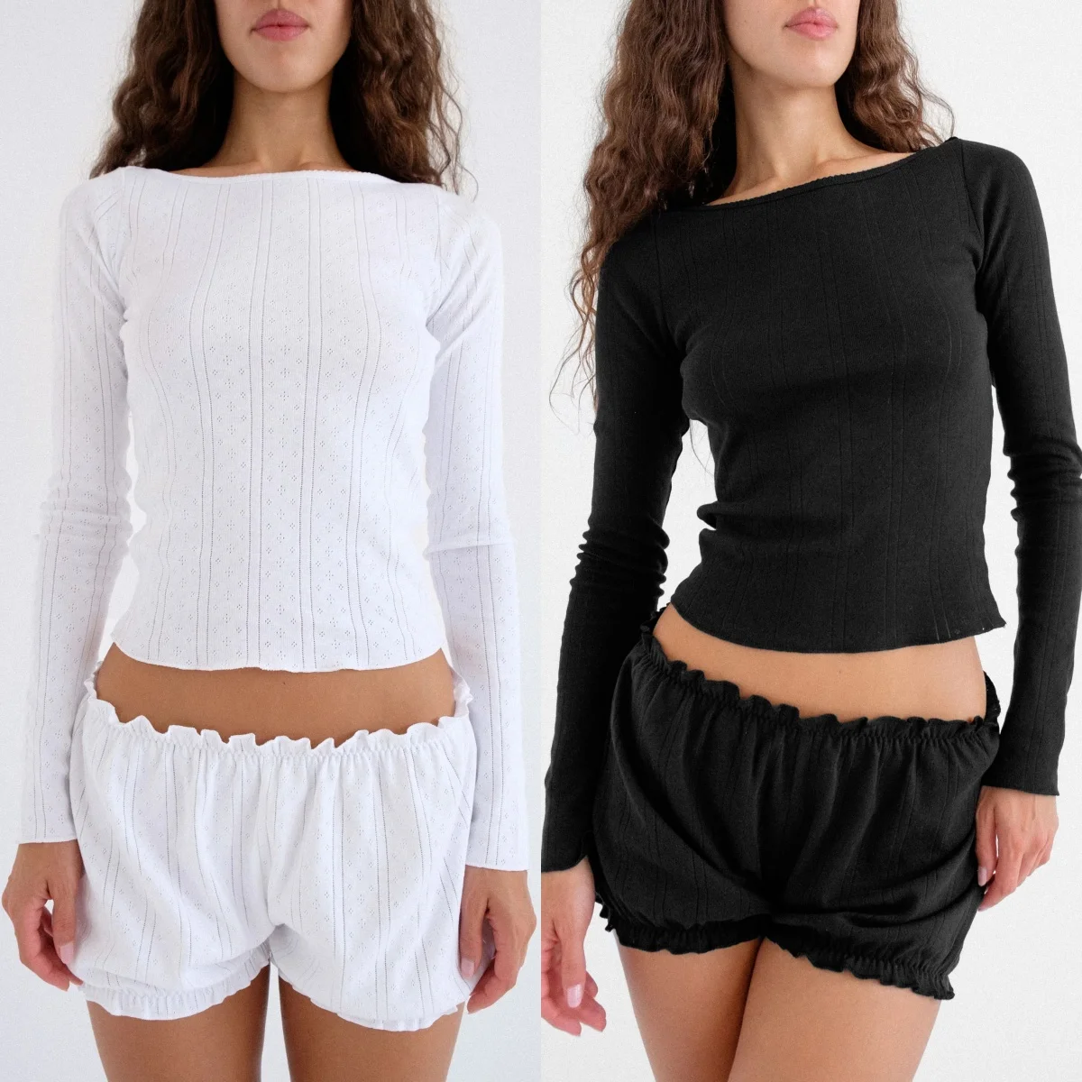 

Cou Autumn/Winter Base Layer Shirt Black and White Jacquard Slim-Fit Top Minimalist Casual Base Layer Shirt Home Wear Ruffle Shorts Two-Piece Set for Home and Outdoor Wear Off-Shoulder Slim-Fit Long-Sleeve Top