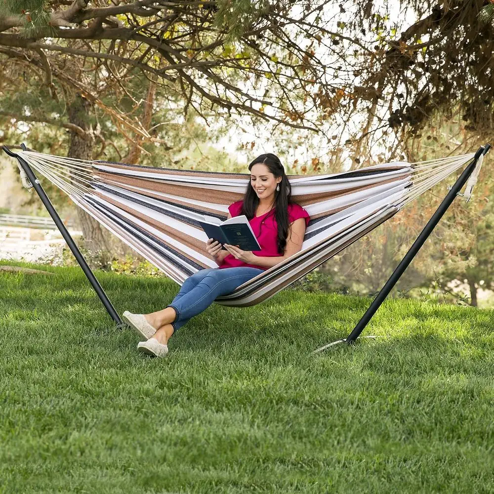Double Hammock with Steel Stand, Indoor Outdoor Brazilian-Style Cotton Bed w/Carrying Bag, 2-Person acity - Desert Stripes