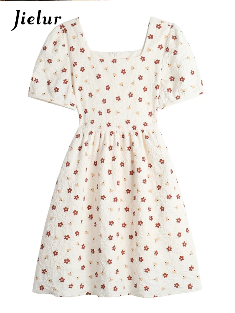 Jielur Beige Flower Dress donna nuova moda francese retrò abiti con collo quadrato dolce manica a bolle Mini abito donna estate