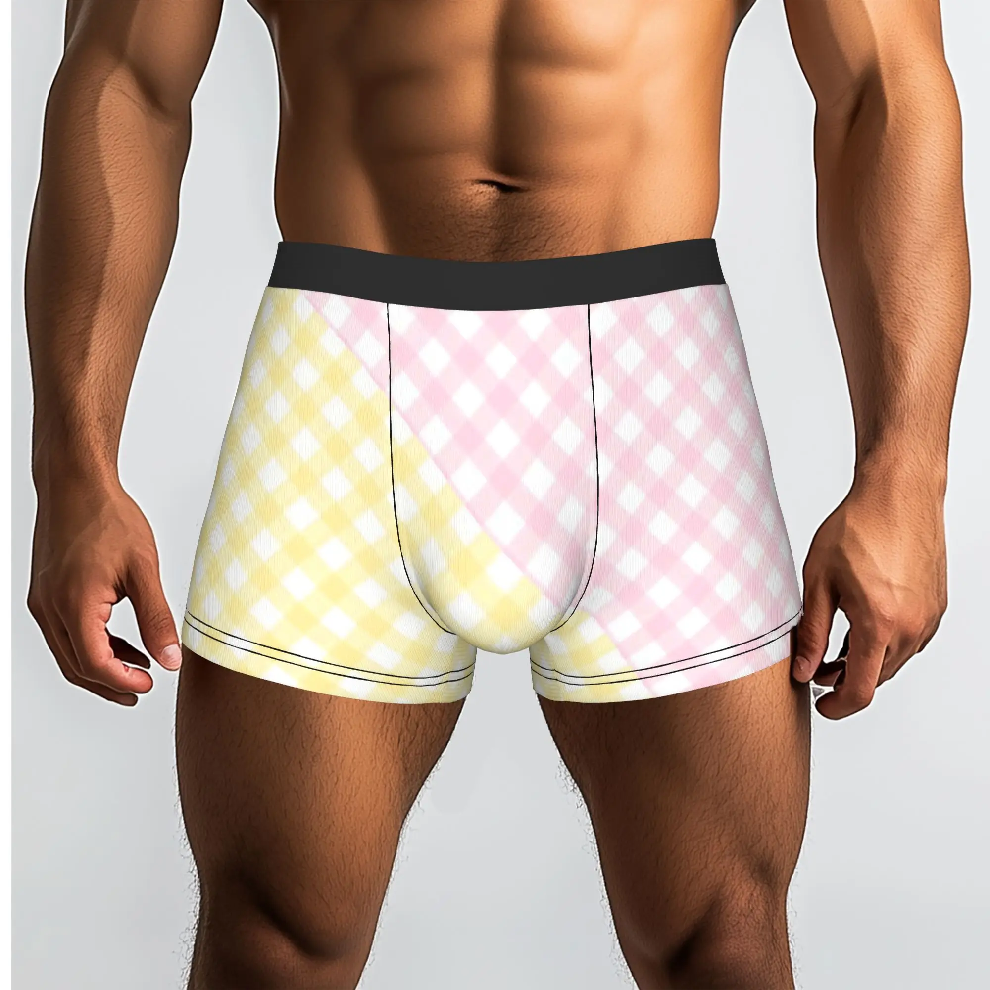 Calzoncillos de cuadros vichy rosa y amarillo, ropa interior masculina transpirable, pantalones cortos ventilados, calzoncillos tipo bóxer.