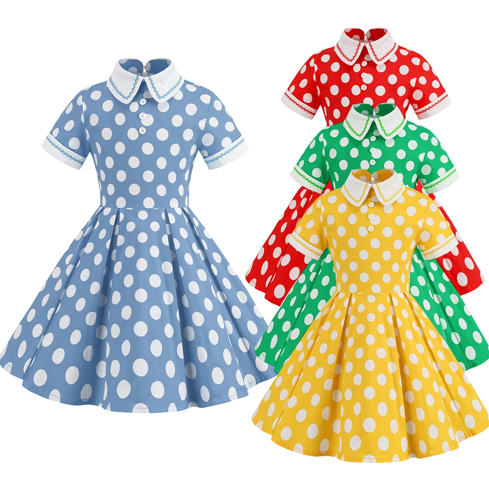 

Vintage Polka Dot One Piece Dress for Girls School Performance Stage Show Dress Girls Party Dresses Casual Doll Collar One Piece