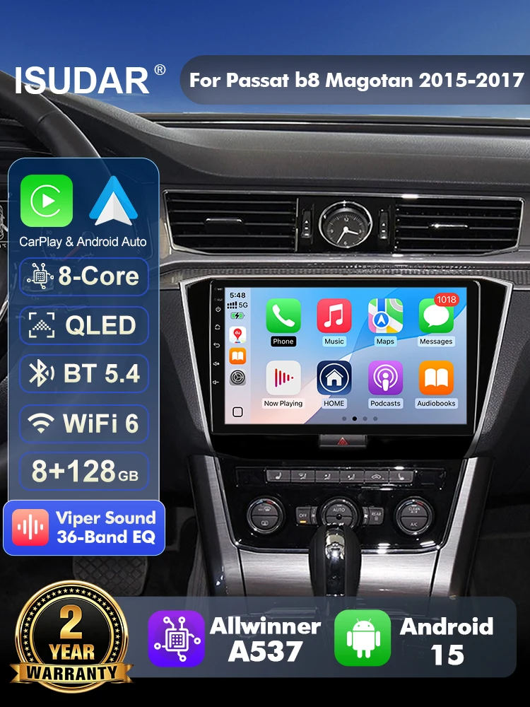 ISUDAR T57 Android15 Radio For Volkswagen VW Magotan Passat B8 2015-2017 Multimedia Player CarPlay Android Auto Head Unit Camera