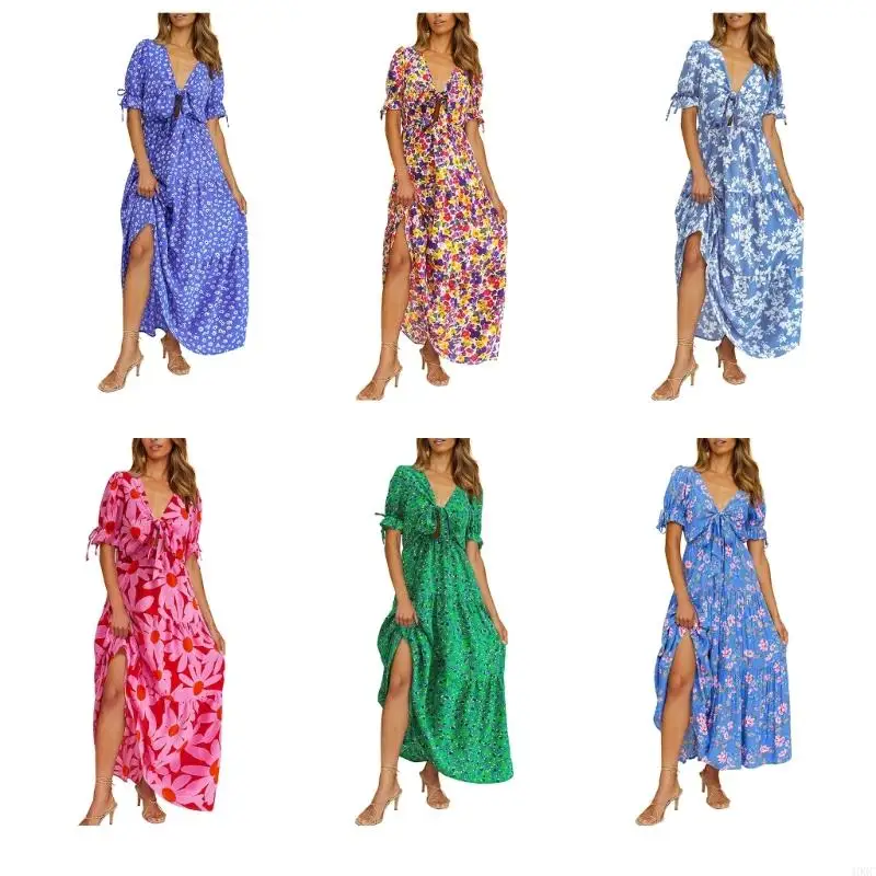 40gc vrouwen zomer ruches korte mouw swing a-line jurk v-hals stropdaan front boho bloemenprint gelaagde flowy maxi-long jurken