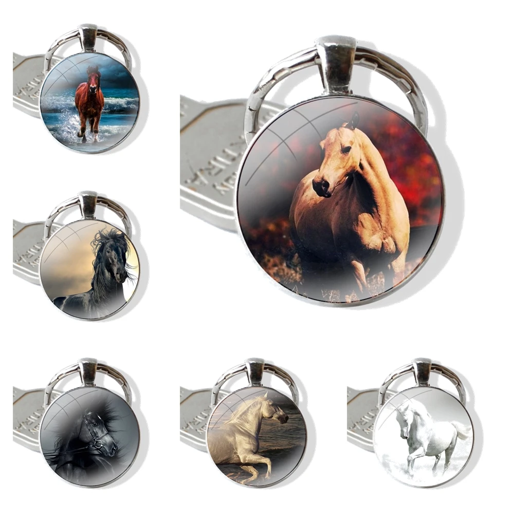 Keychain Glass Cabochon Metal Pendant Classic Men's Women's Keyring Horse Galloping Horse