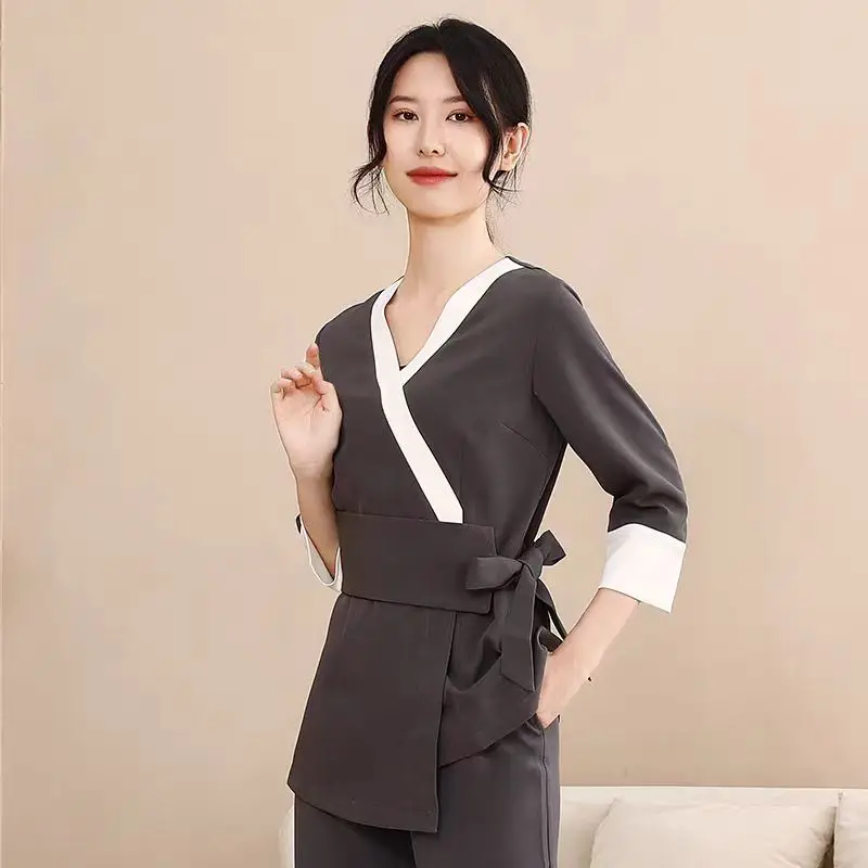 

2024 Beauty Salon Spa Uniform Women Bath Foot Massage Seven-point Sleeve Work Clothes Hospital Front Desk Working Wear Overalls