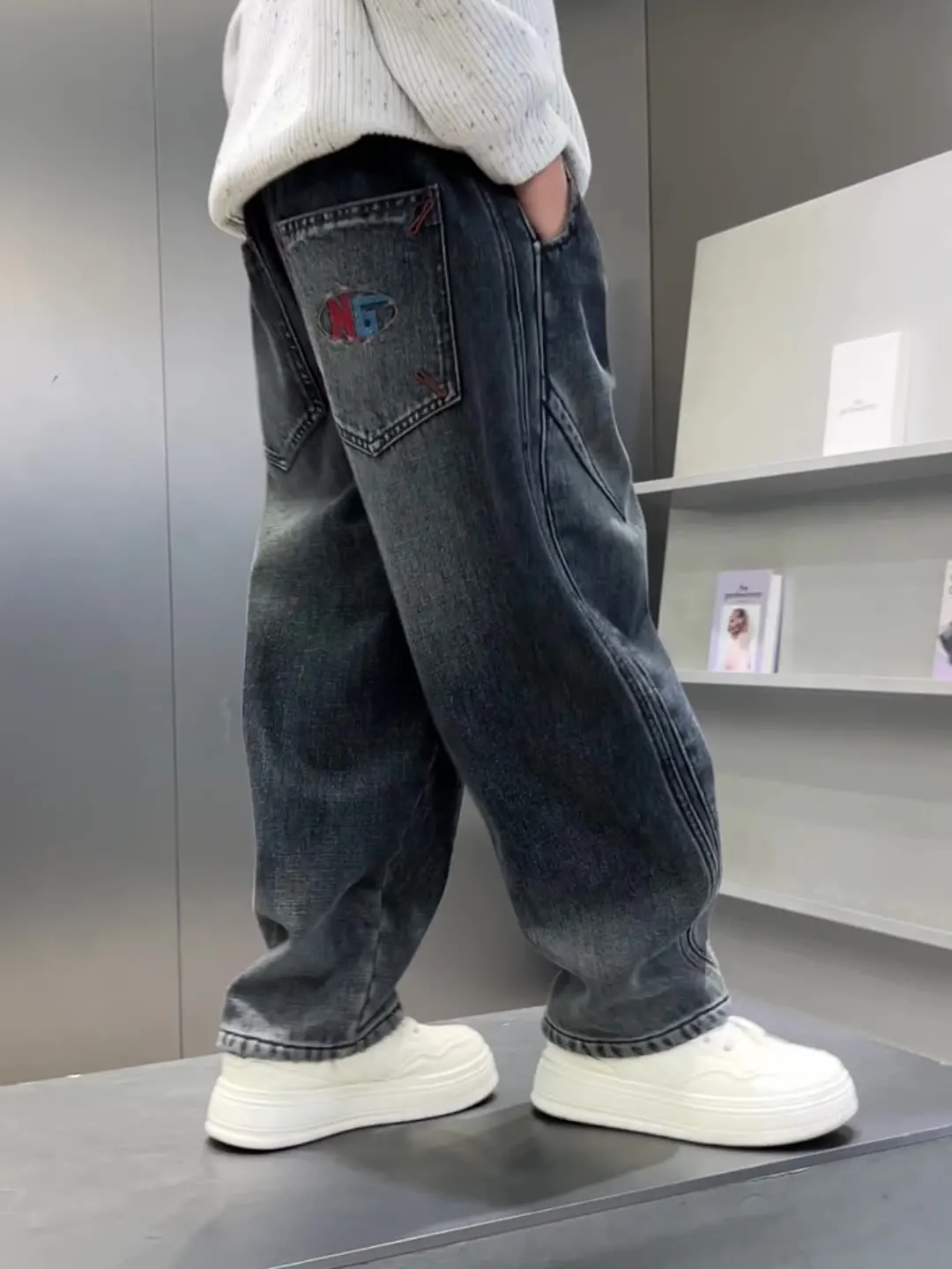 الأولاد الخريف الشتاء الجينز الأطفال صوف مبطن سميكة الدافئة مستقيم الساق السراويل إلكتروني طباعة المراهقين الاطفال الحرارية الدنيم السراويل