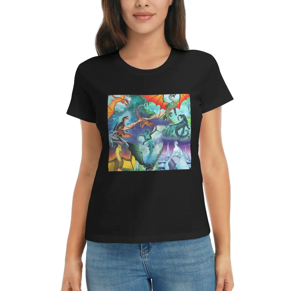 Camiseta feminina asa de fogo todo dragão padrão fundo verão manga curta camisetas em torno do pescoço roupas topos streetwear