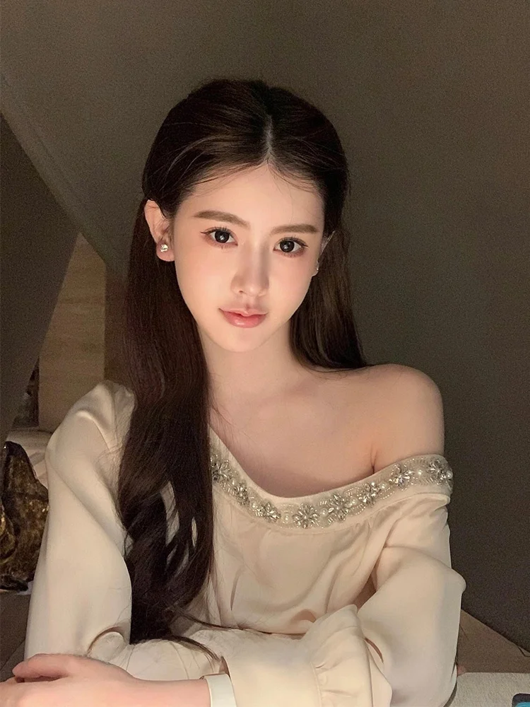 

Женская атласная блузка Ele Long Sve с бриллиантовой отделкой, асимметричным подолом, повседневная, премиум-класса, осенняя мода