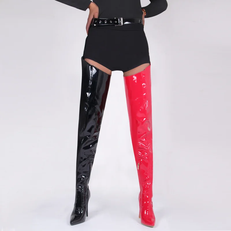 WISHIndependent Station European and American Style Sexy over the Knee Boots Patent Leather Pointed Belt Buckle Side Zipper Stil