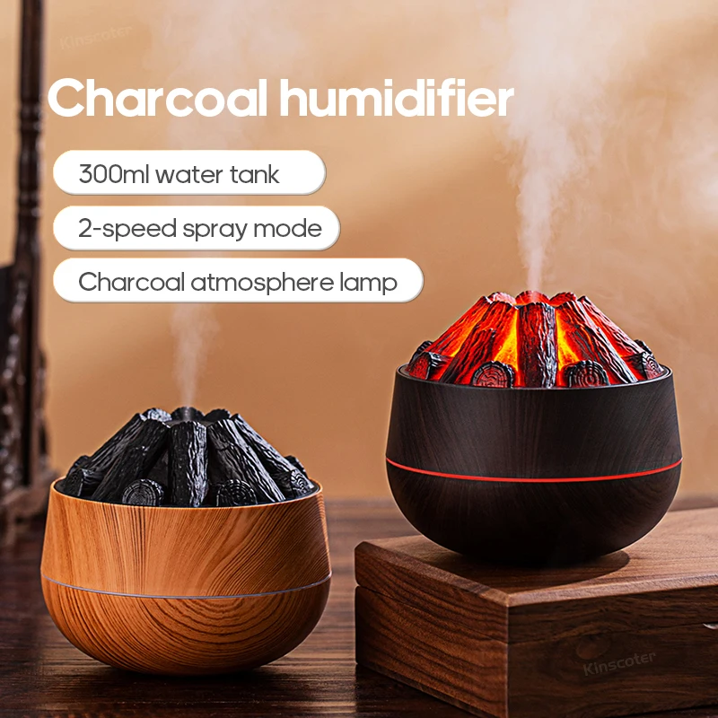 Charcoal Flame Humidifier Aromatherapy Essential Oil Diffuser 300ml Mist Humidifier for Bedroom Office Night Light AG-THJSQ